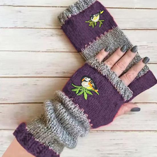 Embroidered Birds Fingerless Gloves Color-Block Knitted Warm Gloves Stretchy Mittens with Thumb
