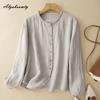 Koreaanse Stijl Lente Herfst Dames Effen Blouse Ronde Hals Katoen Casual Los Shirt Vintage Lange Mouw Grote Maat Blouse