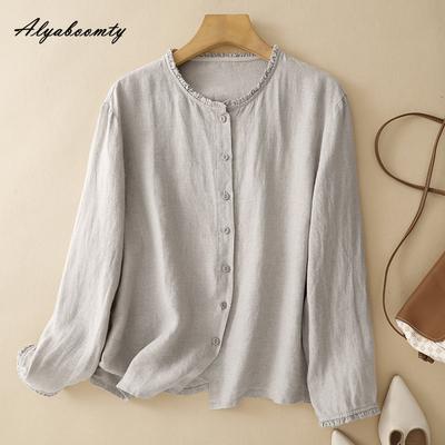 Koreanischer Stil Frühling Herbst Damen Einfarbig Bluse O-Ausschnitt Baumwolle Lässig Locker Hemd Vintage Langarm Übergröße Bluse