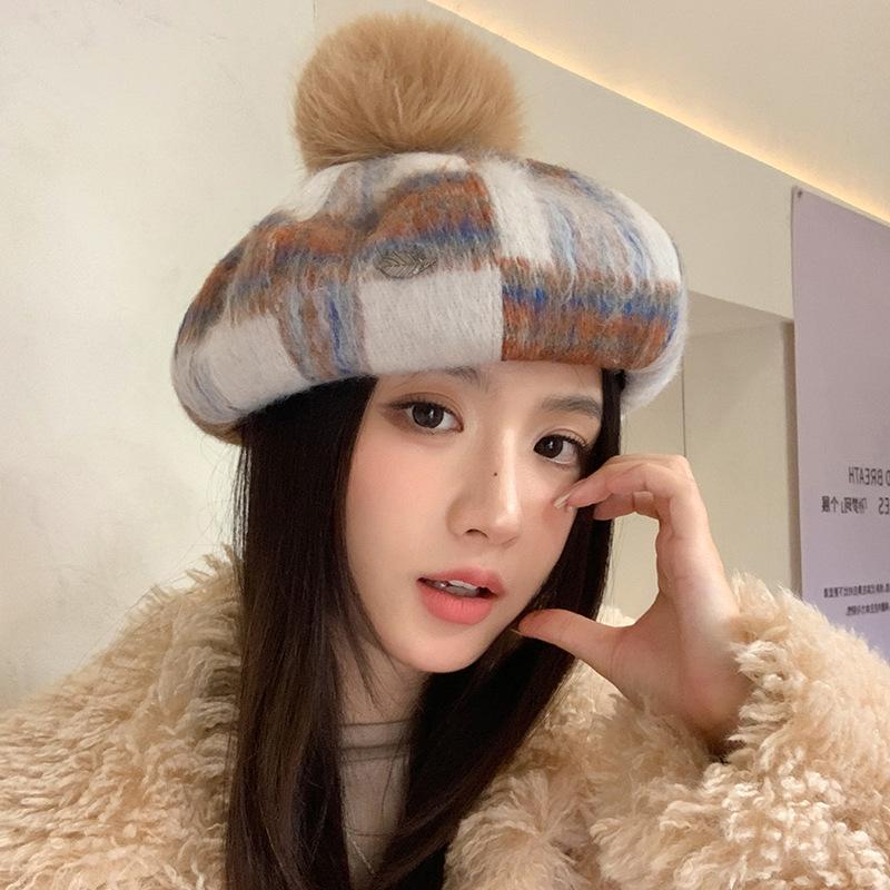 New Autumn and Winter Plush Beret Korean Cute Fur Ball Hat for Women Fashion Versatile Octagonal Hat Windproof and Warm Hat