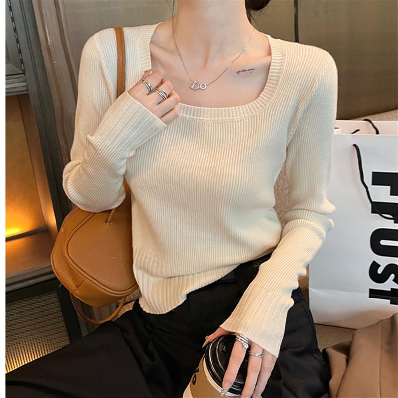 

Модный короткий вязаный свитер с квадратным воротником для женщин, осень-зима, длинный рукав, рубашка, топ, однотонный простой пуловер, свитера, одежда 2576 One Size абрикосовый