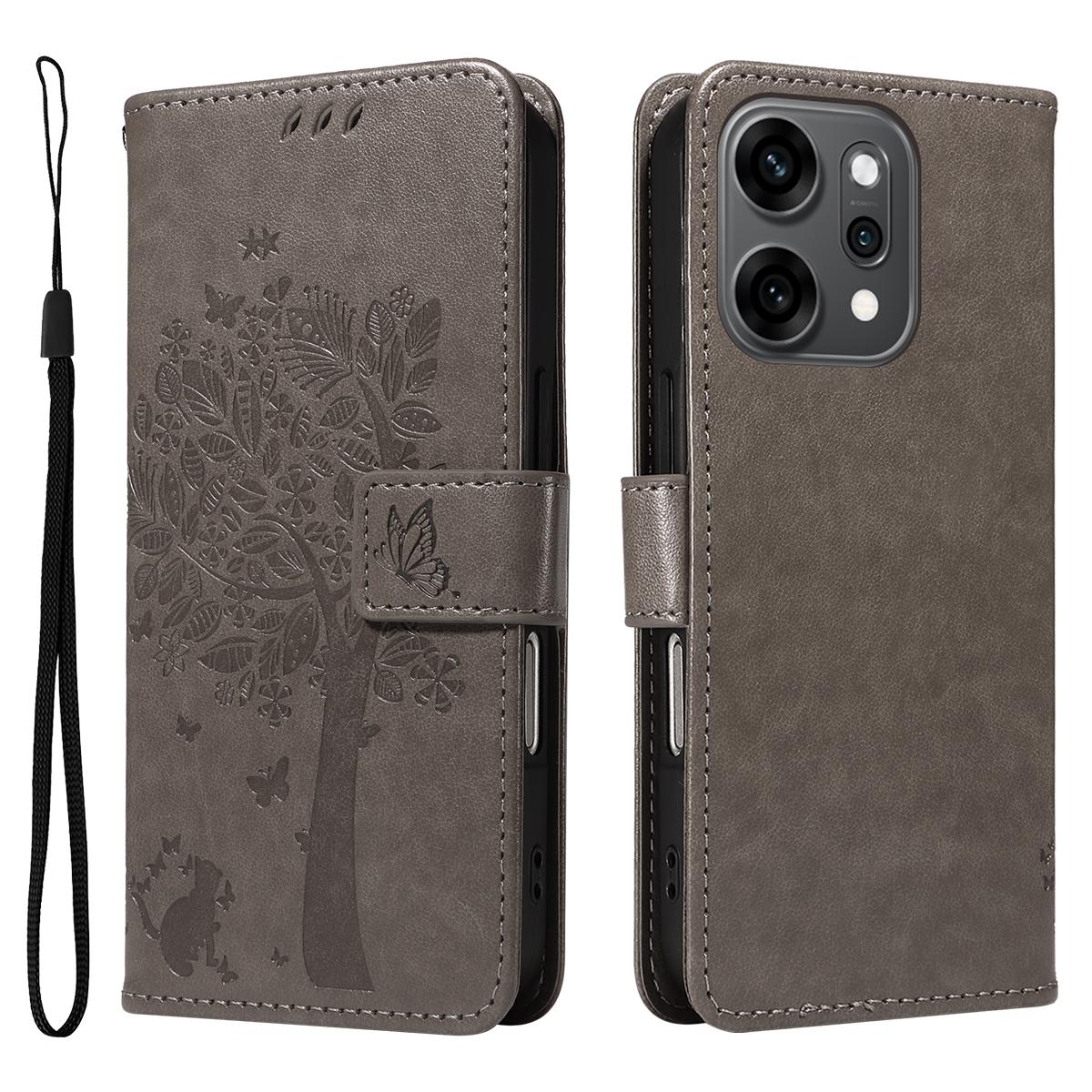 

For Oppo Reno14 Pro 5G (China)/Oppo Reno14 Pro 5G (Global) Phone Case with Stand Cat Tree Pattern Leather Wallet Mobile Cover Grey
