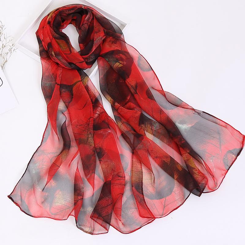 2019 Qiaoqi Long Silk Scarf with Leaf Pattern - Sun Protection, Hot Selling Thin Silk Scarf