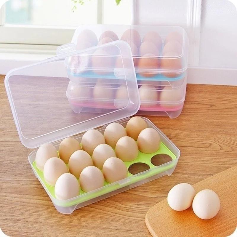 Kitchen 15 Grids Refrigerator Egg Box Stackable Plastic Fresh-keeping Box with Lid Household Food Storage Transparent Eggs Tray