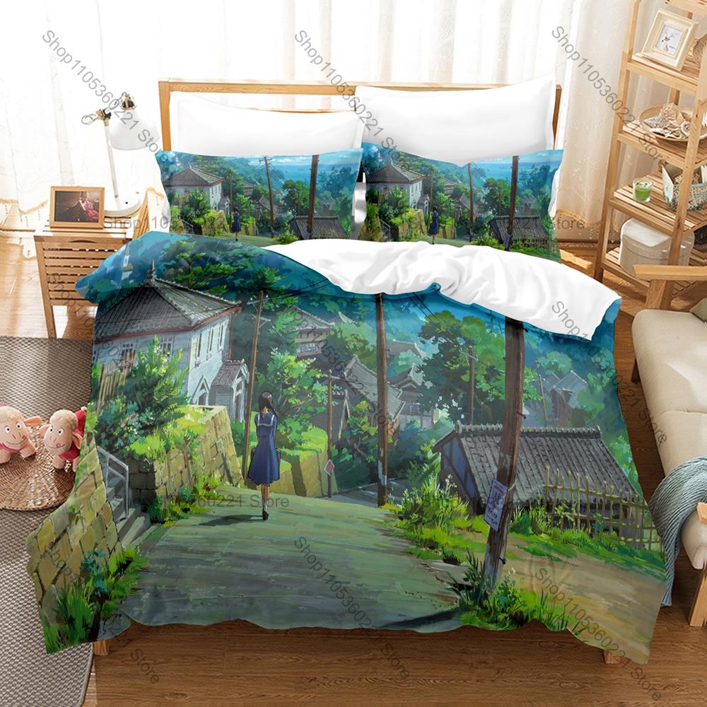 From Up On Poppy Hill Vintage Coastal Town Poppy Flower Retro 1960s Campus HD Print Bedding Set Duvet Cover + 2 Pillowcases