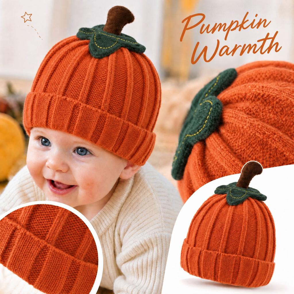 Baby Pumpkin Knit Hat for Halloween, Warm and Thick for Fall and Winter