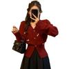 Women's Soft Pearl Knit V-Neck Cardigan: New Year Red with Waist-Cinching Bow