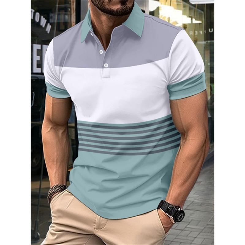 Men Short Sleeve Tribal Geometric Print Polo Shirt Black Color Block Casual Top S