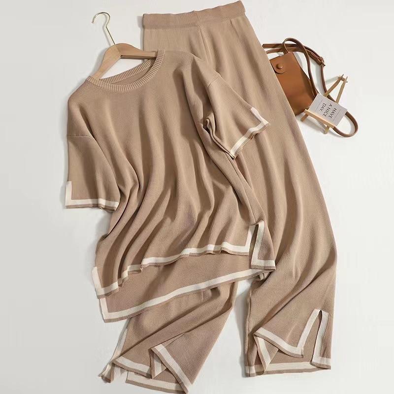 Women's Loose Two Piece Outfit Set Short Sleeve Knit Top Elastic Waist Wide Leg Pants Loungewear