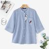 ZANZEA Women Korean Round Neck 3/4 Sleeve Stripes Buttons Patchwork Shirt