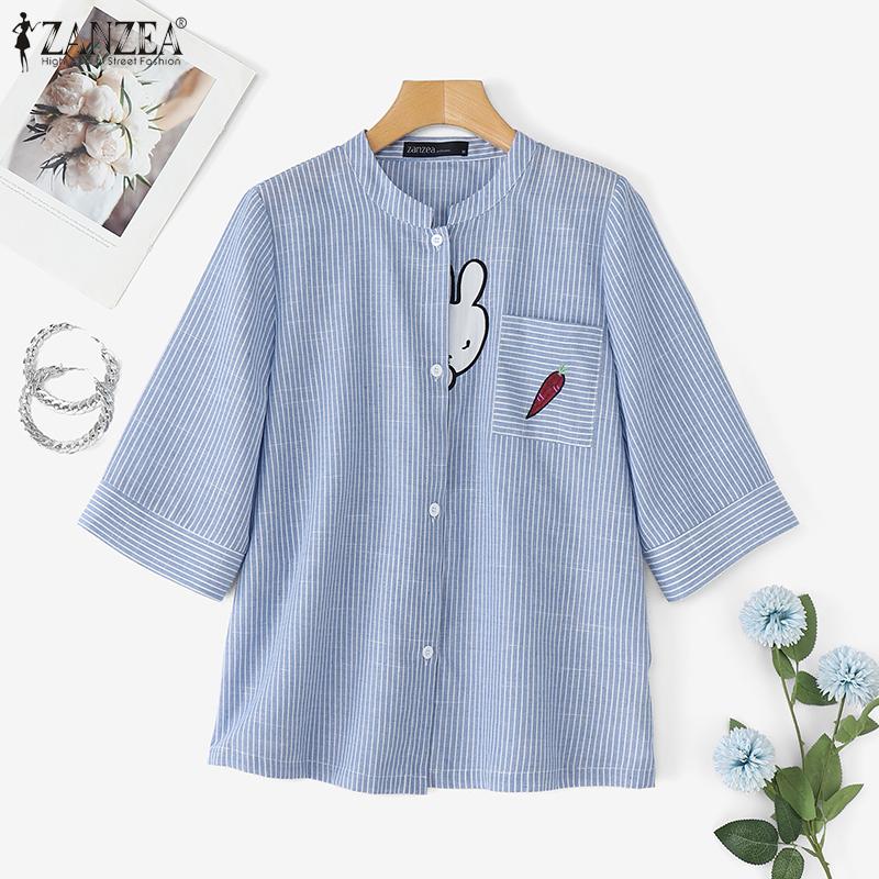 ZANZEA Women Korean Round Neck 3/4 Sleeve Stripes Buttons Patchwork Shirt