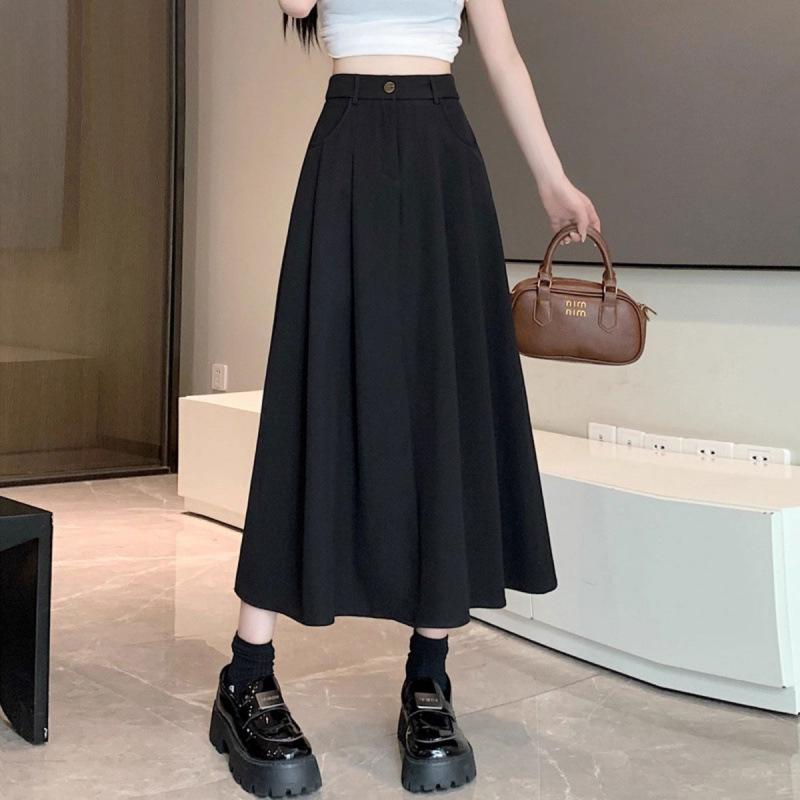 Summer 2025 Women's Black A-Line Pleated Umbrella Skirt - Flattering, Long, and Trendy