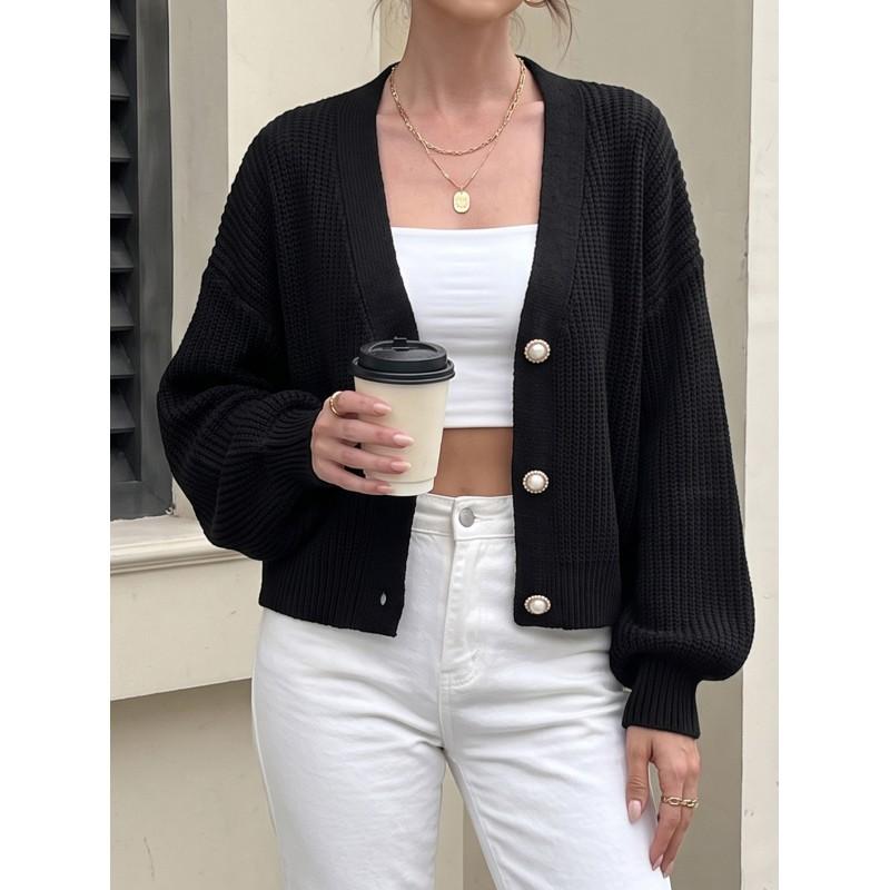Womens Short Knit Cardigan Fall Winter Casual V-Neck Pearl Button Sweater