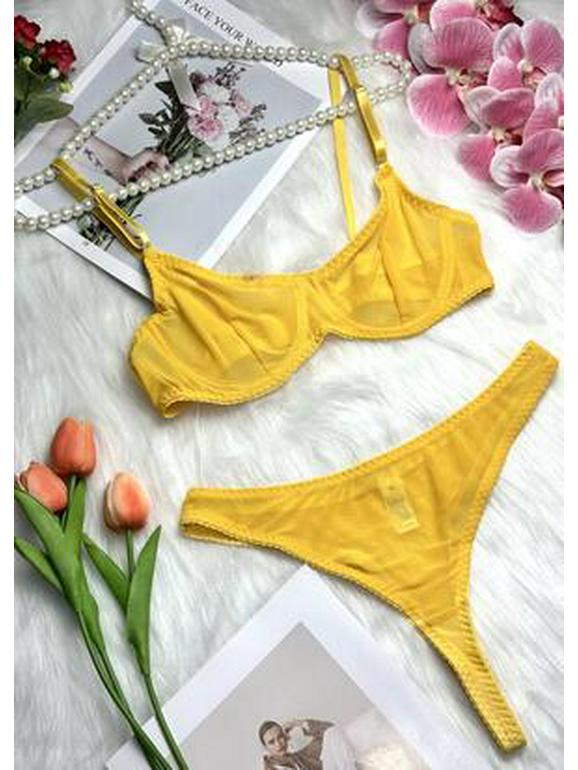 Sheer Mesh Bra & Thong Lingerie Set with Garter