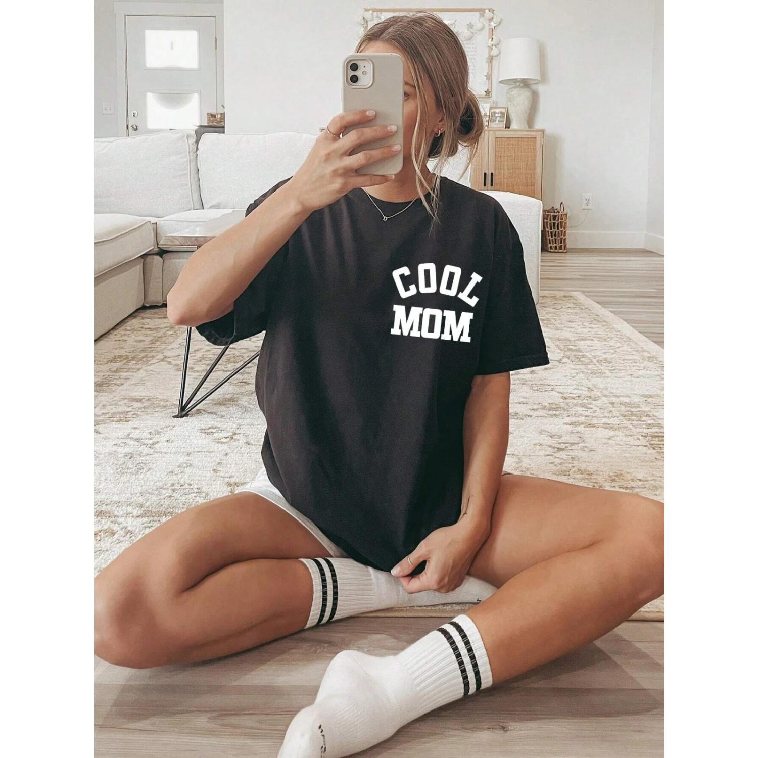 

Cool Mom Letter Pattern Printing Women s Tees Cotton Women T-Shirts Casual Soft Short Sleeve Tops Comfortable Clothes S чёрный