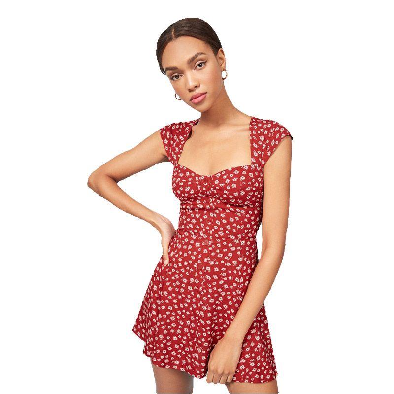 

French Style Platycodon Grandiflorum Niche Style V Neck Low Collar Girlfriends Clothes Fairy Classic Style Hepburn Vintage Skirt Chiffon Dress Skirt Red background white small floral Dress L.