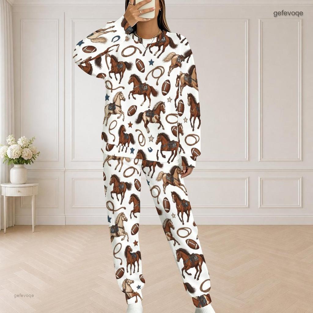 Women Plus Size White Horse Football Printed Round Neck Long Sleeve Top And Pants Two Piece Set