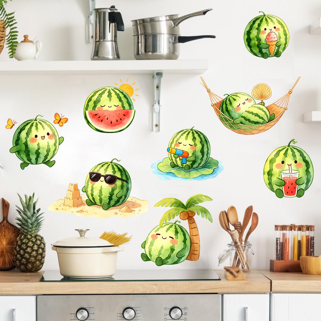Creative Cartoon Watermelon Vacation Self Adhesive Removable No Residue Glass Window Sticker for Kitchen Living Room Home Decor
