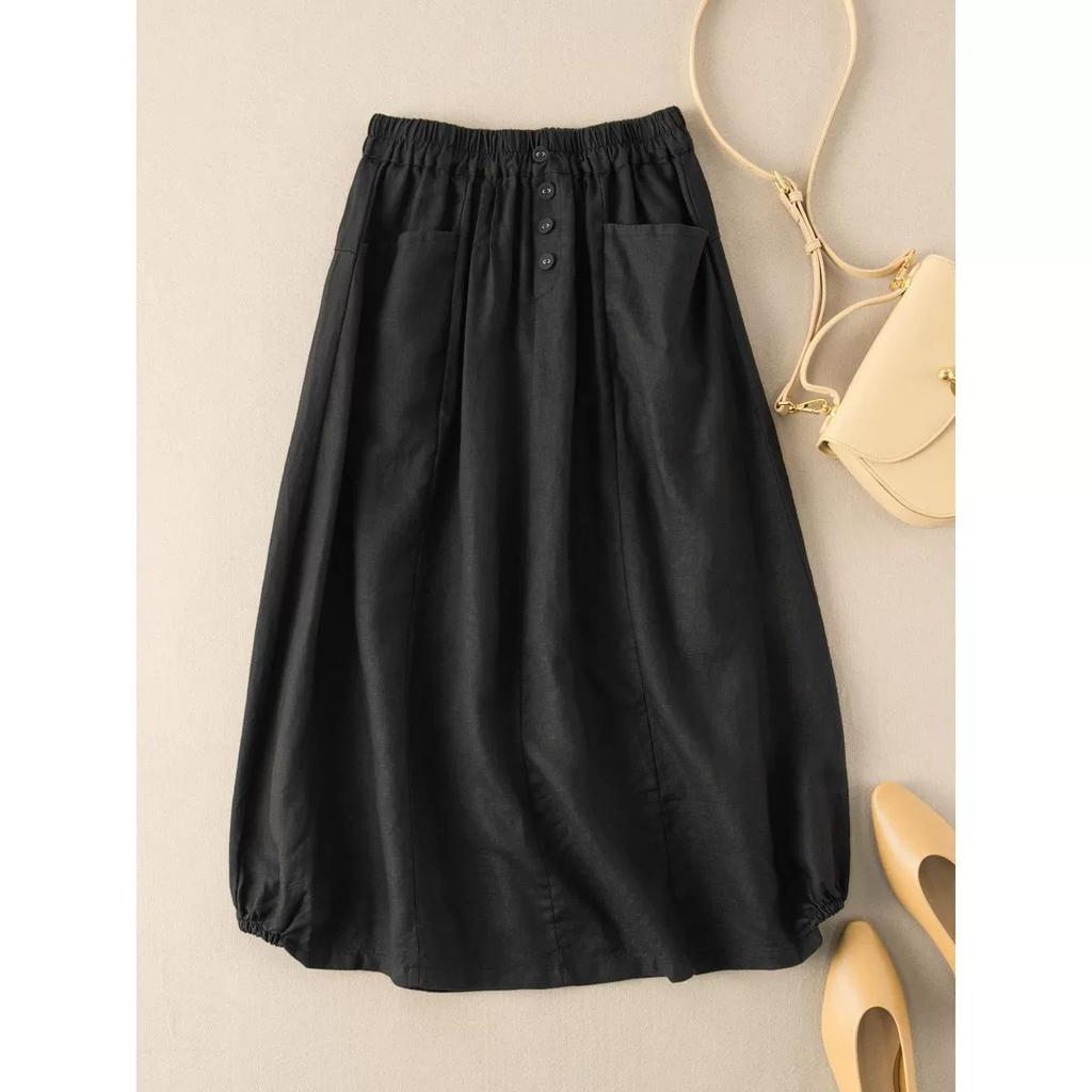 Large Size Women's Summer Imitation Linen Retro Half Skirt Women's Summer Mid Length High Waist A-line Slimming Artistic Temperament