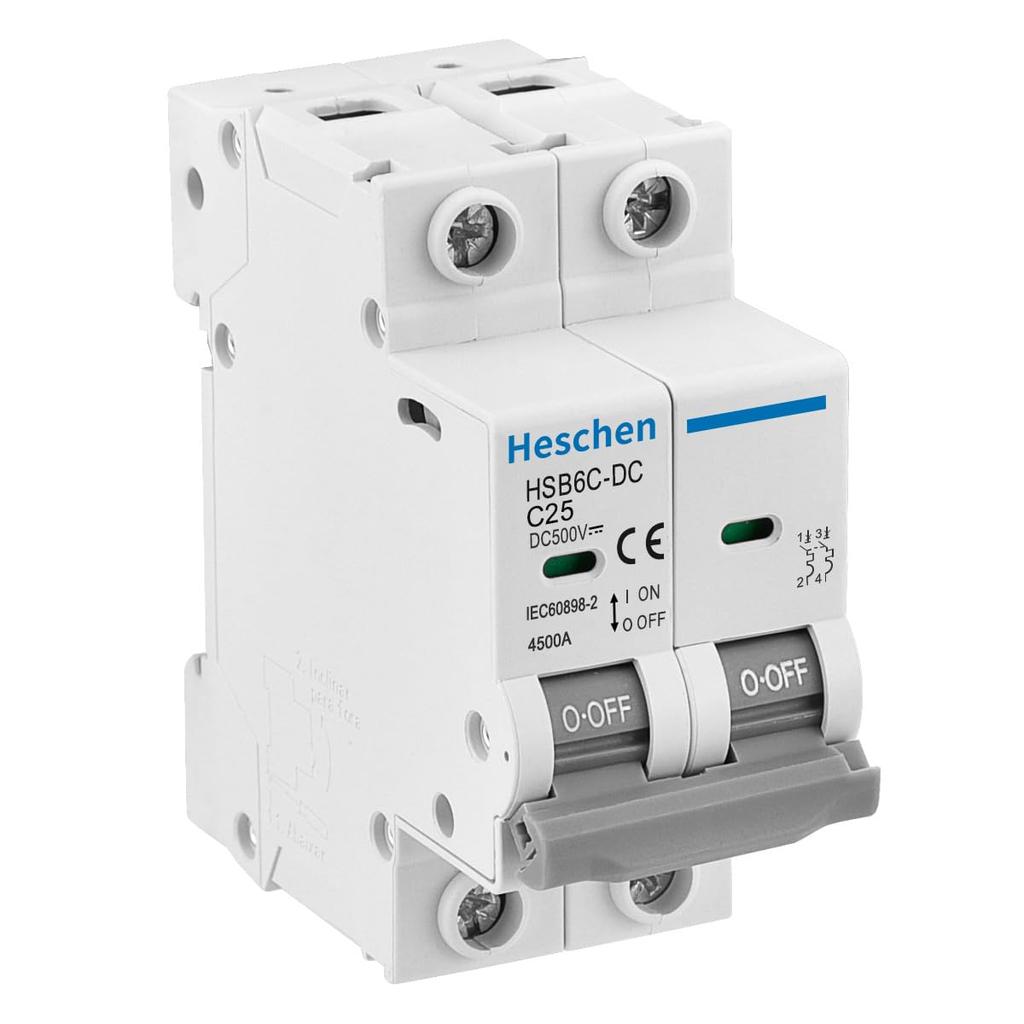Heschen DC Miniature Circuit Breaker, HSB6C-DC, 2-Pole, DC500V 25A, for Solar Panel Controllers, 35mm DIN Rail Mounting, for PV Systems and Solar