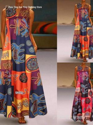 Europäisches Retro-Print-Kleid in Übergröße mit V-Ausschnitt, ärmellos, mit Taschen und weitem Saum