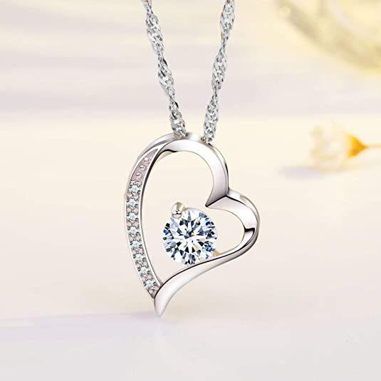 Silver Plated Hollow Heart CZ Pendant Necklace, Twisted Rope Chain Love Necklace for Women