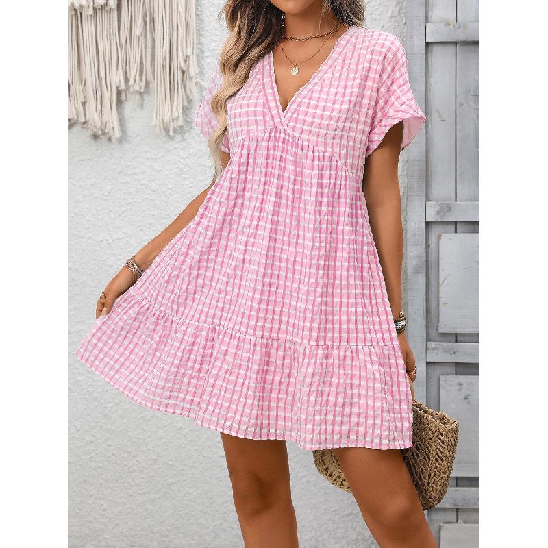 2026 Summer New Women's V-neck Loose Casual Short-sleeve Plaid Dress