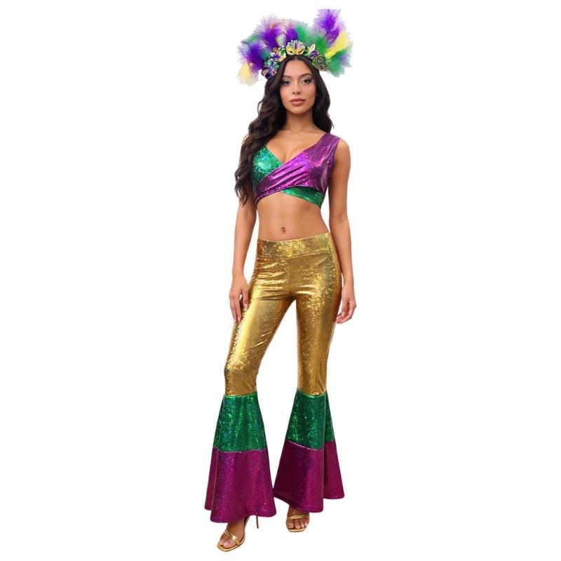 Disco Party Costume Set With Fashion Polyester Halloween Dance Costume And Matching Headpiece For Women