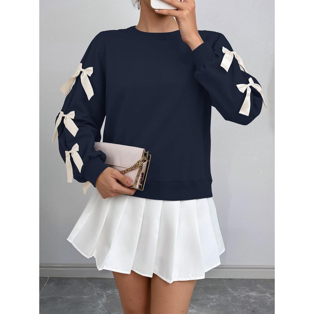 2025 Autumn Winter Women's Red Christmas Sweatshirt Sweet Style Round Neck Bowknot Pullover Top for Women