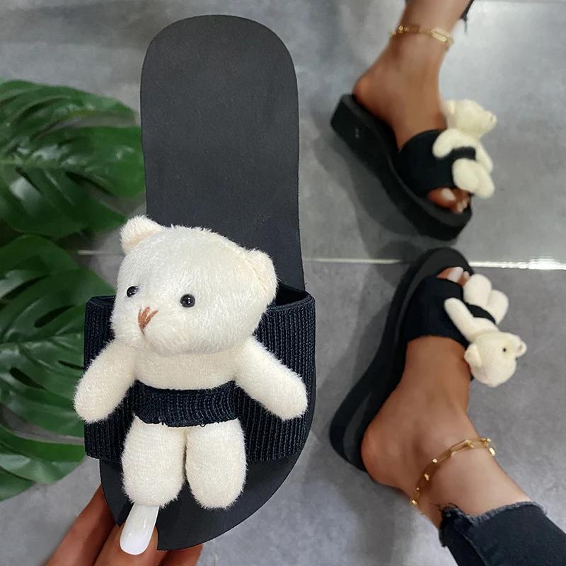 Fashion 2025 Summer Cute Bear Decor Slippers for Women Fashion Med Heel Wedges Sandals Woman Daily Outside Non Slip Slides Mujer