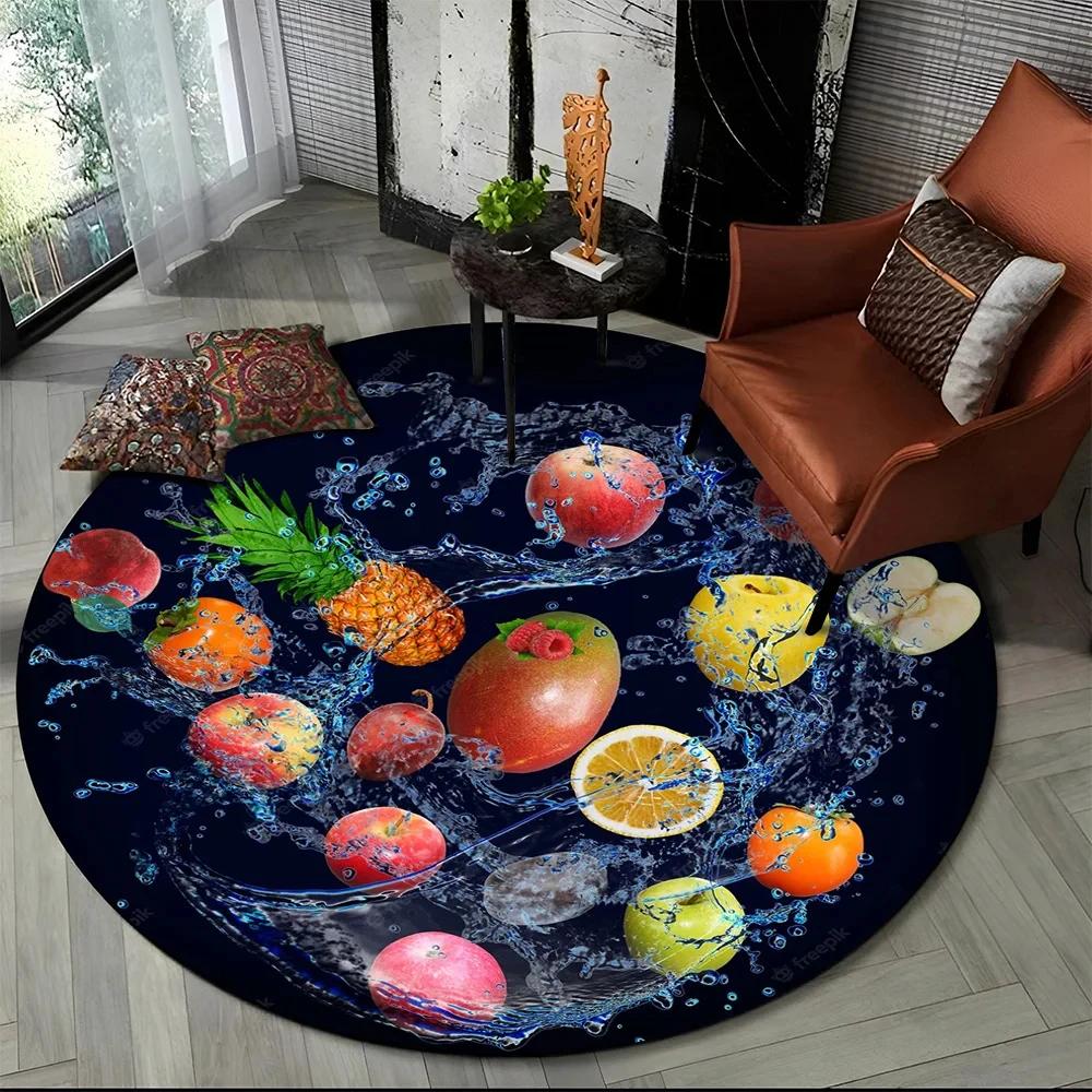 3D Niedlicher Tropenfrucht-Druck Runder Teppich Cartoon Früchte Teppich für Wohnzimmer Schlafzimmer Spielzimmer Badezimmer Dekor Rutschfeste Bodenmatte