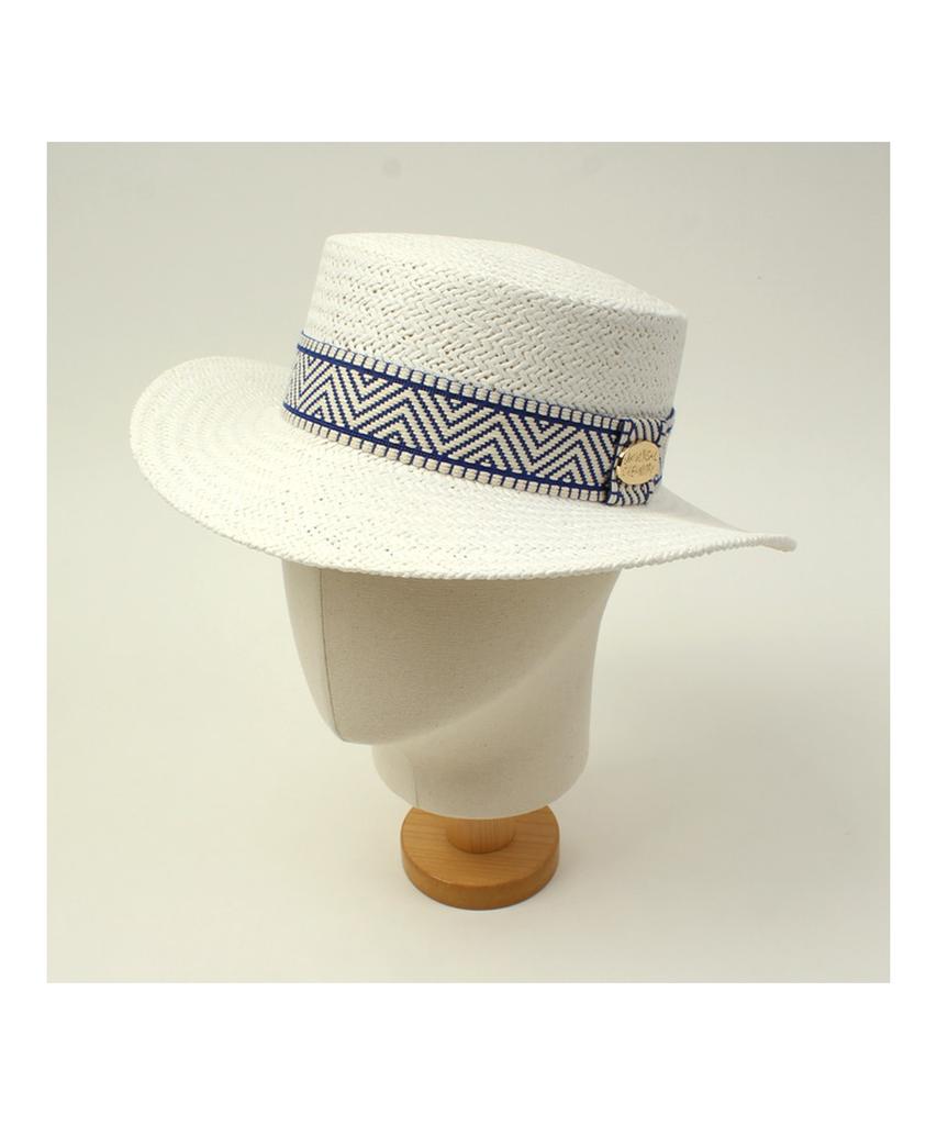 Blue Mono Line White Panama Hat