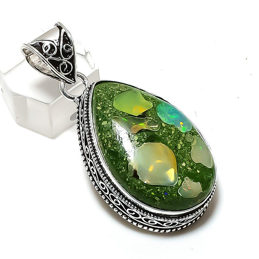 Natural Ethiopian Opal Gemstone 925 Sterling Silver Jewelry Pendant 2.05" ETC-14407