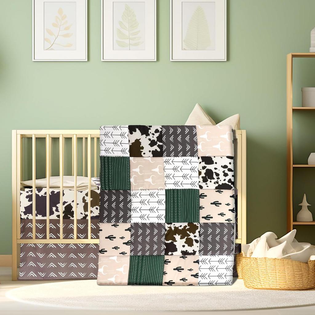 3 Piece Patchwork Crib Bedding Set, Neutral Cow Cactus Print Baby Bedding, Barnyard Western Nursery Decor, Standard Size Soft Baby Bed Set Includes