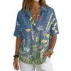 Women's Vintage Floral Print Short Sleeve T Shirt Loose Fit Button Down Polo Collar Linen Blend Casual Top