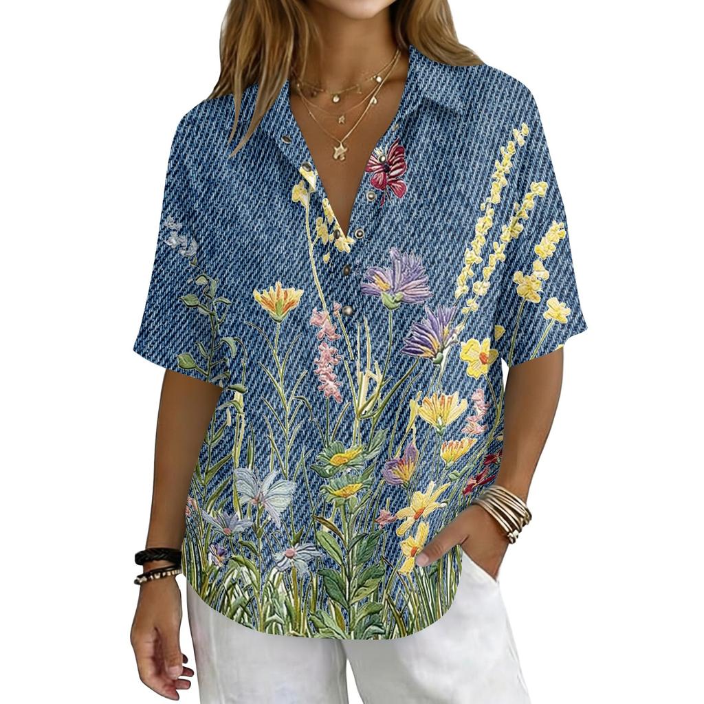 Women's Vintage Floral Print Short Sleeve T Shirt Loose Fit Button Down Polo Collar Linen Blend Casual Top