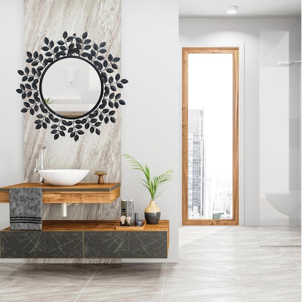 Rust Proof & Weather Proof Round Wall Mirror - Ideal Mirror for Living Room, Foyer Entryway, Wash Basin Area Shiny Black, 61 Cms | 24 Inches 1 Piece