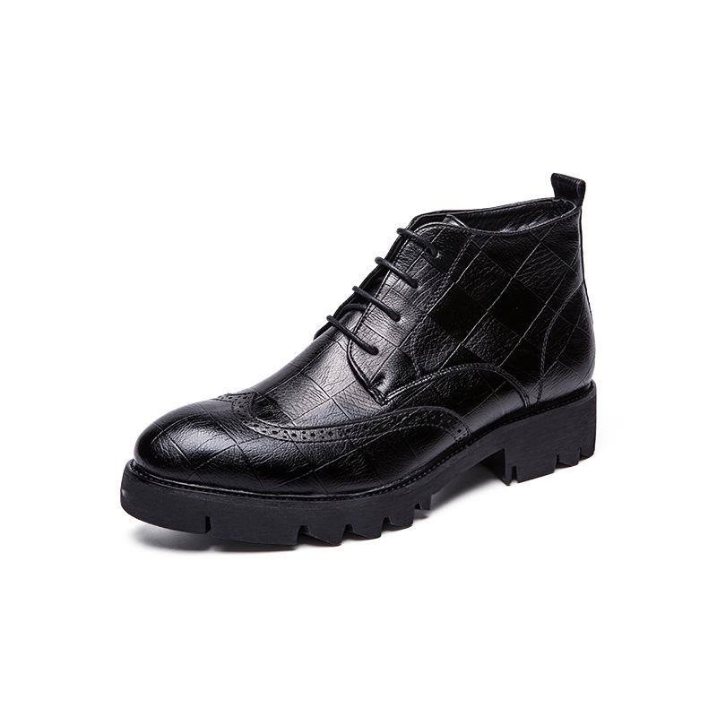 Autumn men's high-top solid color pointed leather shoes retro fashion trend lace-up cotton boots