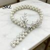 Faux Pearl Curtain Holdbacks Deer Head Tieback, Beaded Stretch Holder, Adjustable Holdback for Bedroom Living Room Window Door Drapes Tiebacks