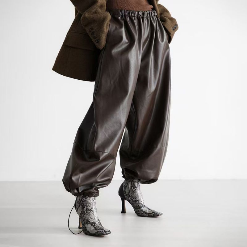 Fashion Style Drawstring Ankle-Tied Bloomers Loose Leather Pants PU Leather Pants Loose PU Leather Pants