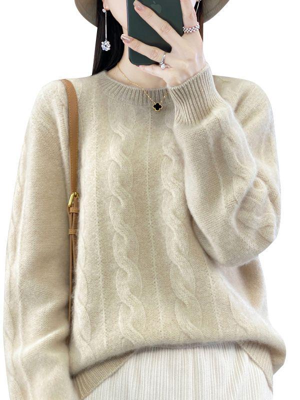 2023 Women's Wool Cable Knit Sweater: Loose, Warm, Round Neck, Slimming Fit for Autumn/Winter