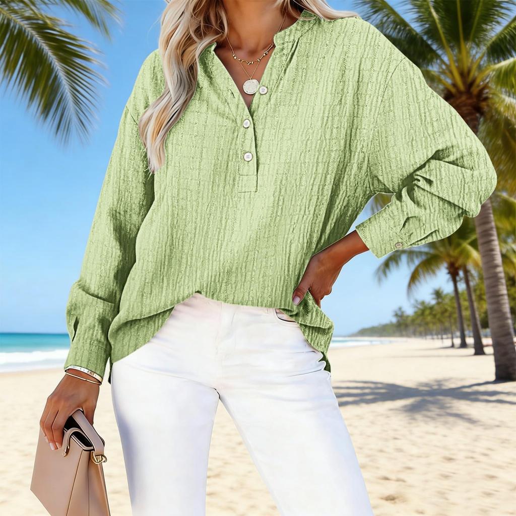 Women Long Sleeve V Neck Button Front Loose Fit Blouse Textured Fabric Casual Office Shirt
