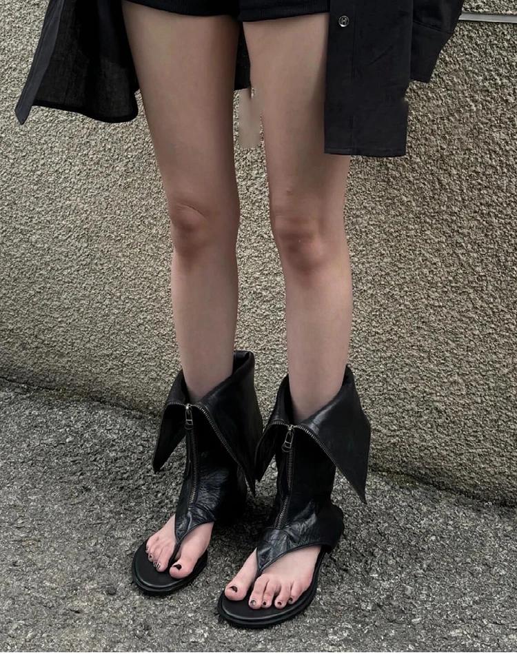 Genuine Leather Flip Flops Cool Boots Mid-Tube Zipper 2025 Summer New Women Flat Sandals Black Open Toe Sandals