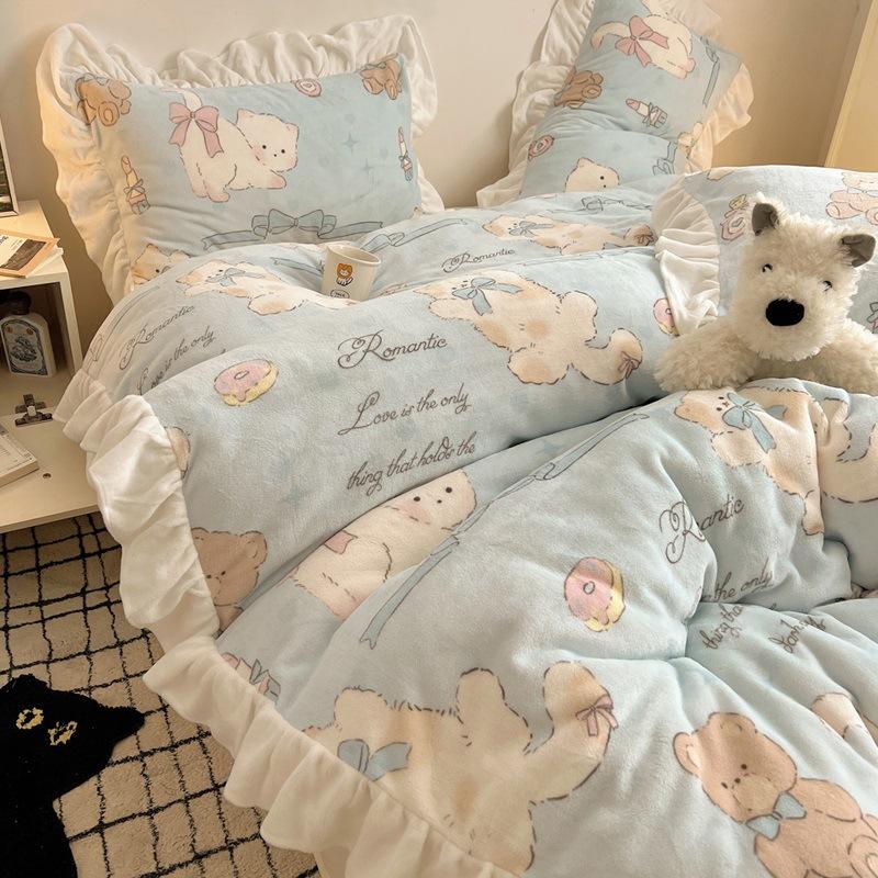 Thickened Milk Fleece Bed Four-Piece Set, Cute Lace Coral Fleece Quilt Cover, Fleece Bed Sheet Three-Piece Set