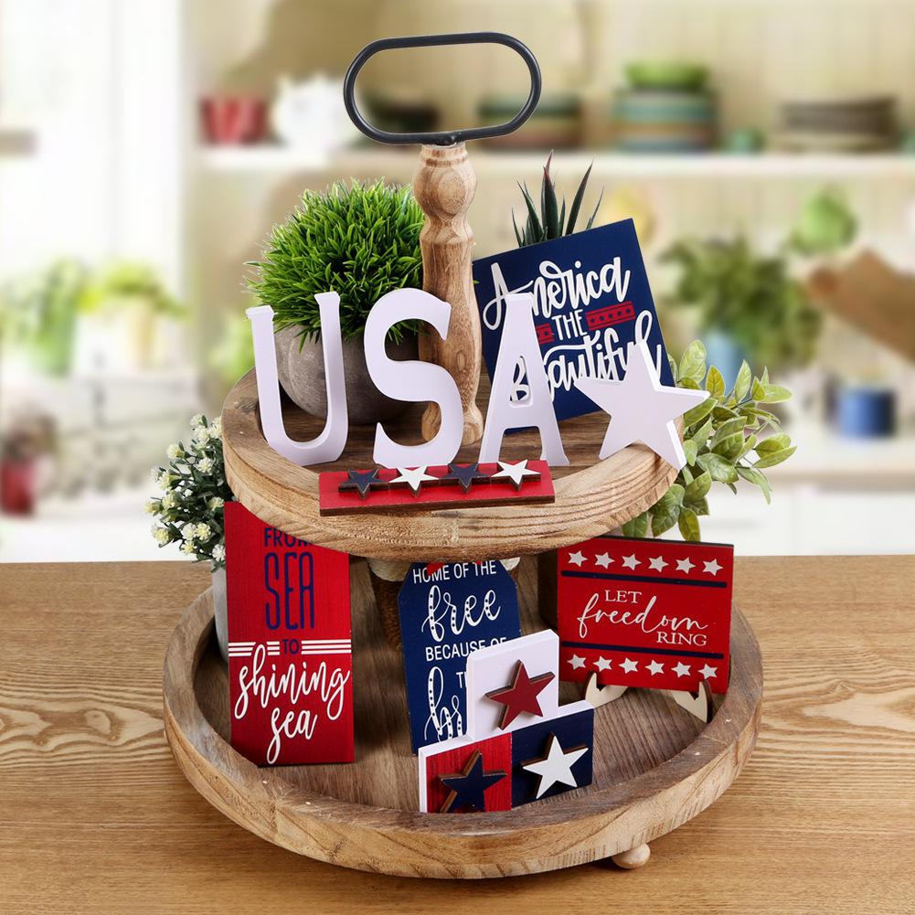 American Independence Day Layered Tray Wooden Ornaments Multipurpose Layout Props Theme Party Decorations