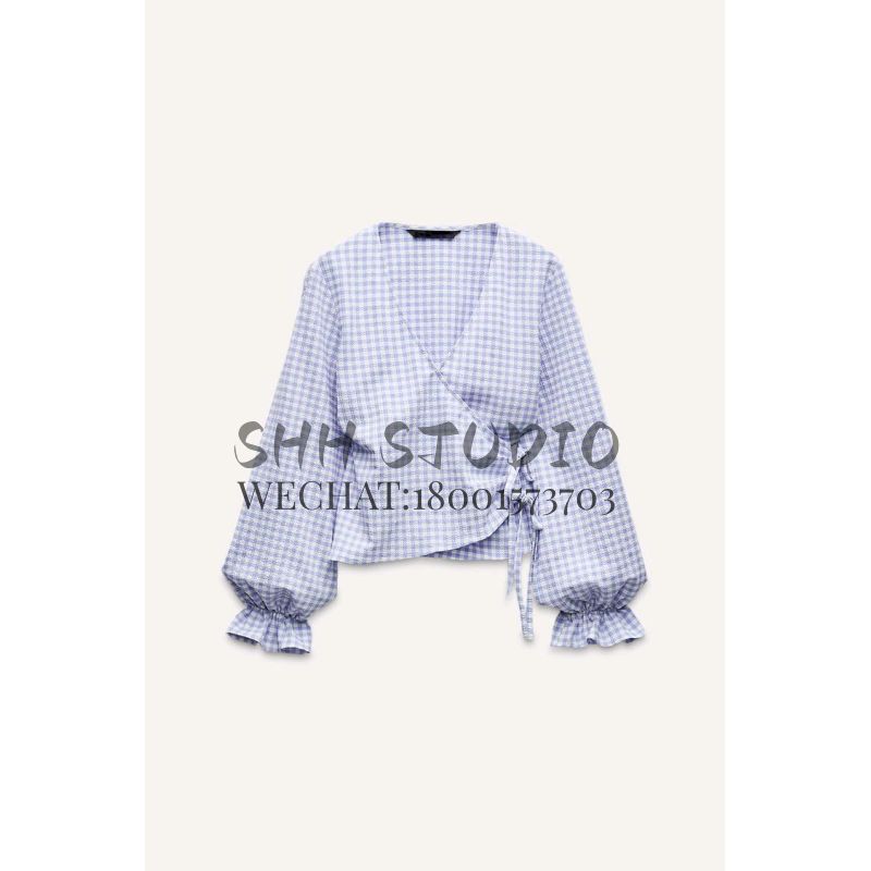 Spring New Arrival Lady Bishop Sleeves Top Casual V-neck French Plaid Double Breasted Shirt 2298166