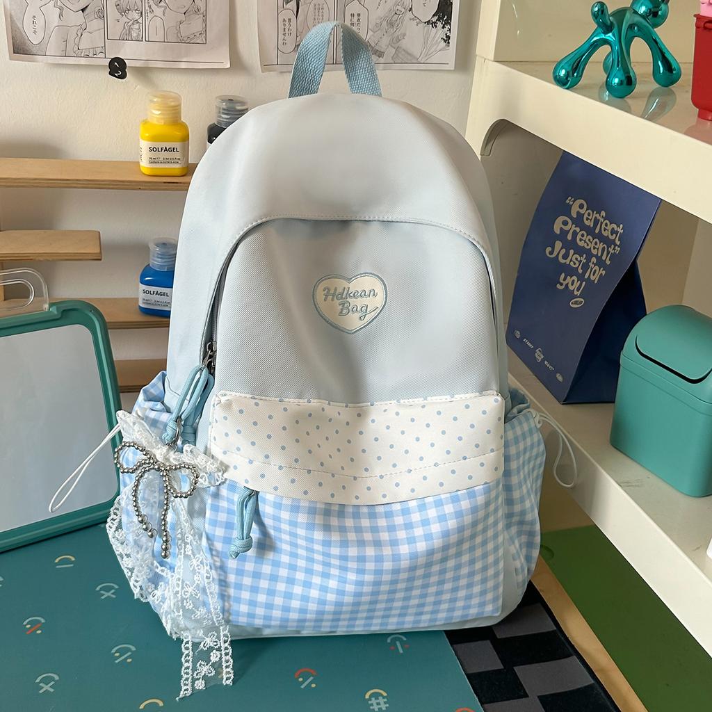 Schoolbag Clear Ice Blue Plaid Splicing Milk Fufu Student Party Schoolbag Day Korean Sweet Sister Holiday Girlfriends Travel Small Backpack