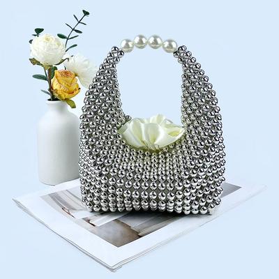 Luxury Design Handmade Silver Acrylic Beaded Handabg for Women Hand-woven Small Evening Bag Dinner Party Clutch Purse  New