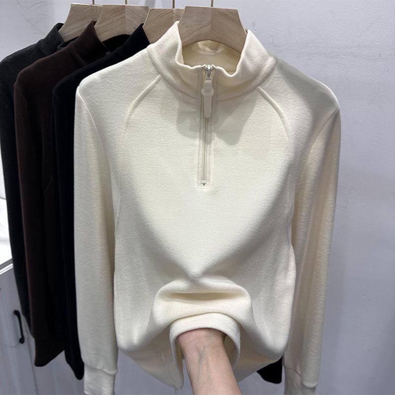 Korean Style Fleece Zipper Top - Slimming Half-High Collar, Long-Sleeve, Solid Color (2024 Autumn/Winter)