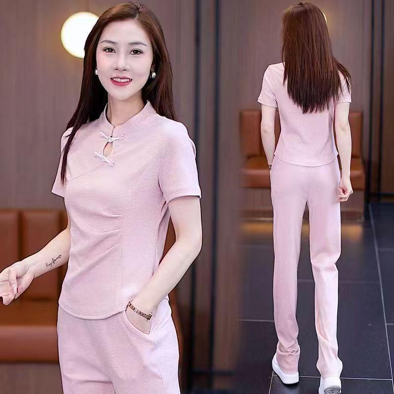 

Летний женский повседневный спортивный костюм 2025: Топ на лягушачьих пуговицах и широкие брюки XL (110-130 Jin)